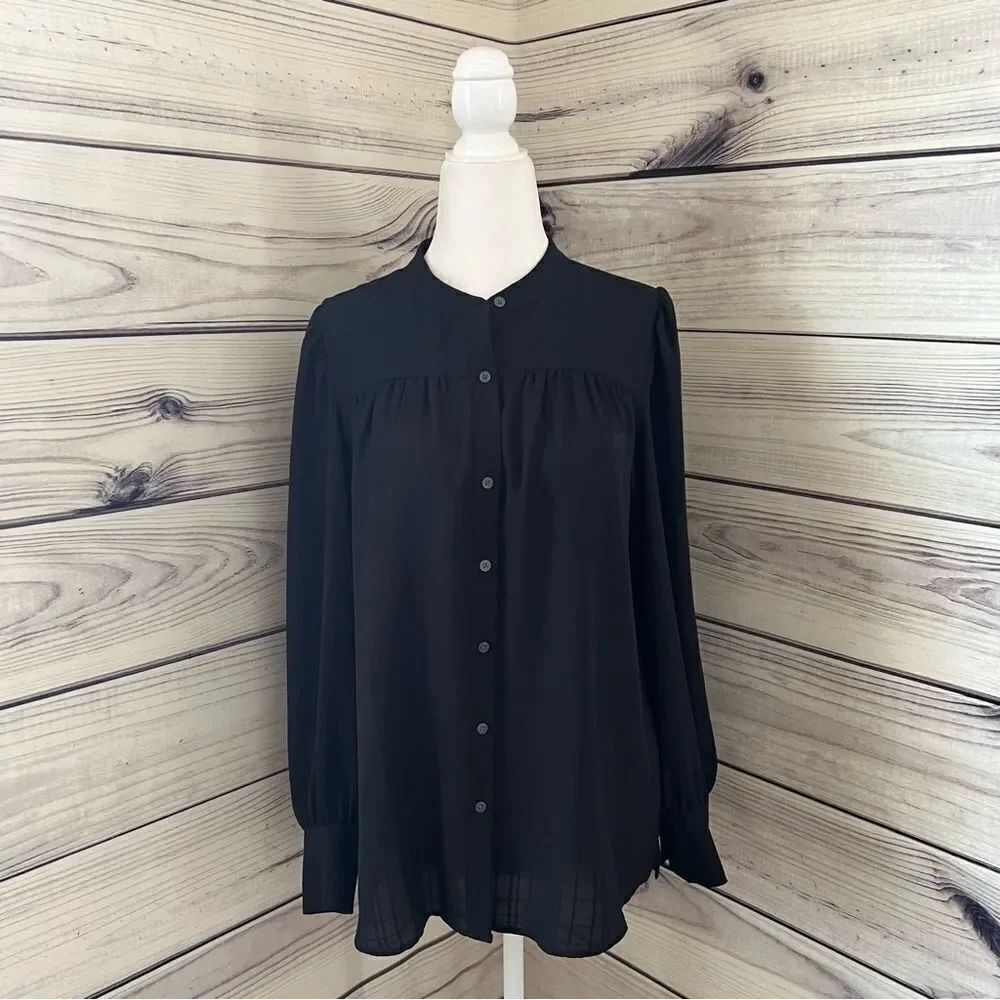 Loft Black Jacquard Patterned Button Down Blouse